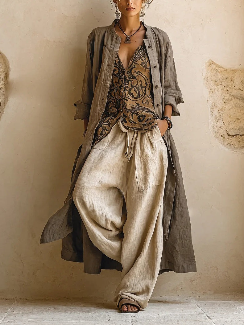 Sibilla | Coordinato tre pezzi con cardigan lungo e top stampato