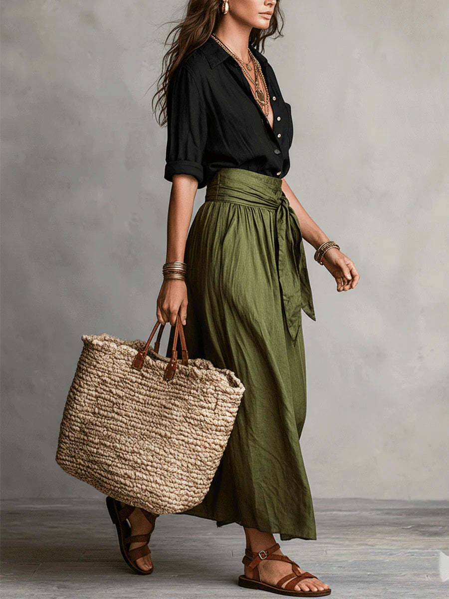 Camilla | Coordinato camicia e gonna midi con cintura da annodare