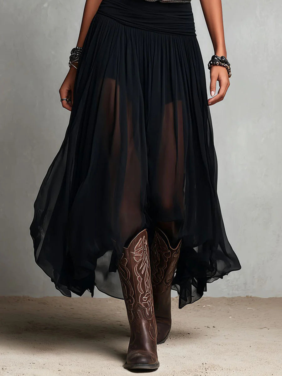Caradee sleeveless maxi dress with tulle skirt in black, sheer skirt detail