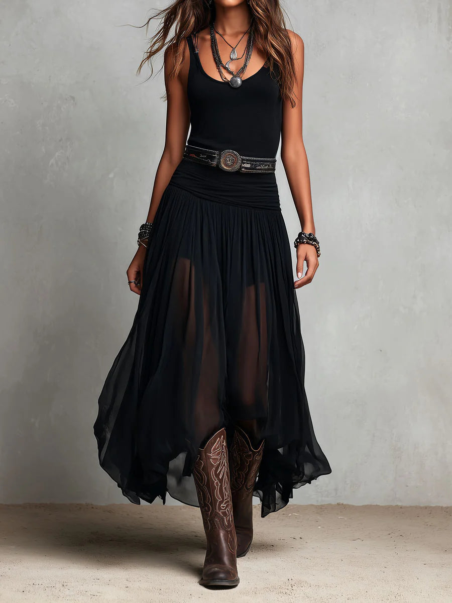 Caradee sleeveless maxi dress with tulle skirt in black, front view