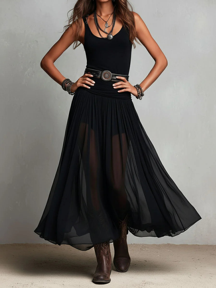 Caradee sleeveless maxi dress with tulle skirt in black, full front view