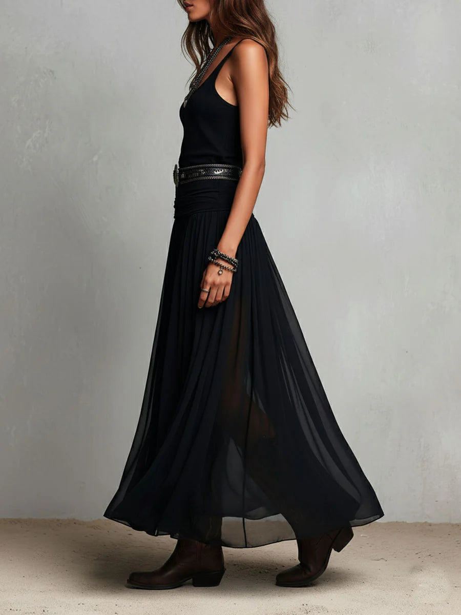 Caradee sleeveless maxi dress with tulle skirt in black, side view