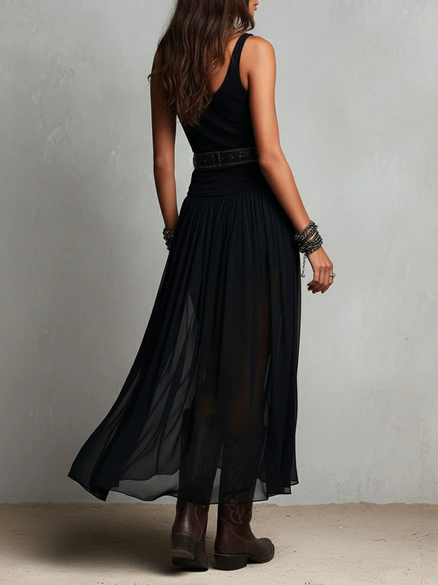 Caradee sleeveless maxi dress with tulle skirt in black, back view