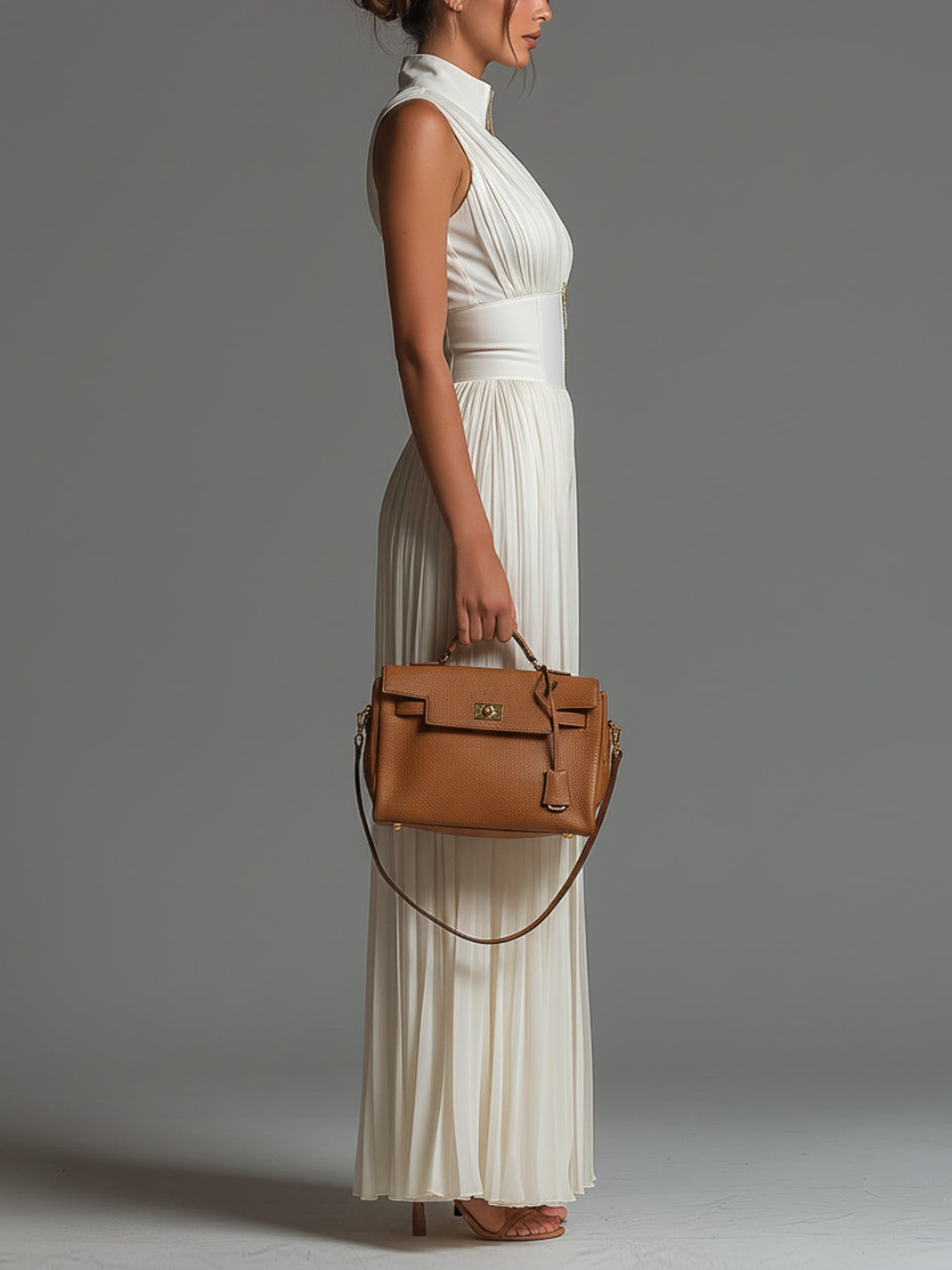 Louise white pleated chiffon jumpsuit, full-length side view