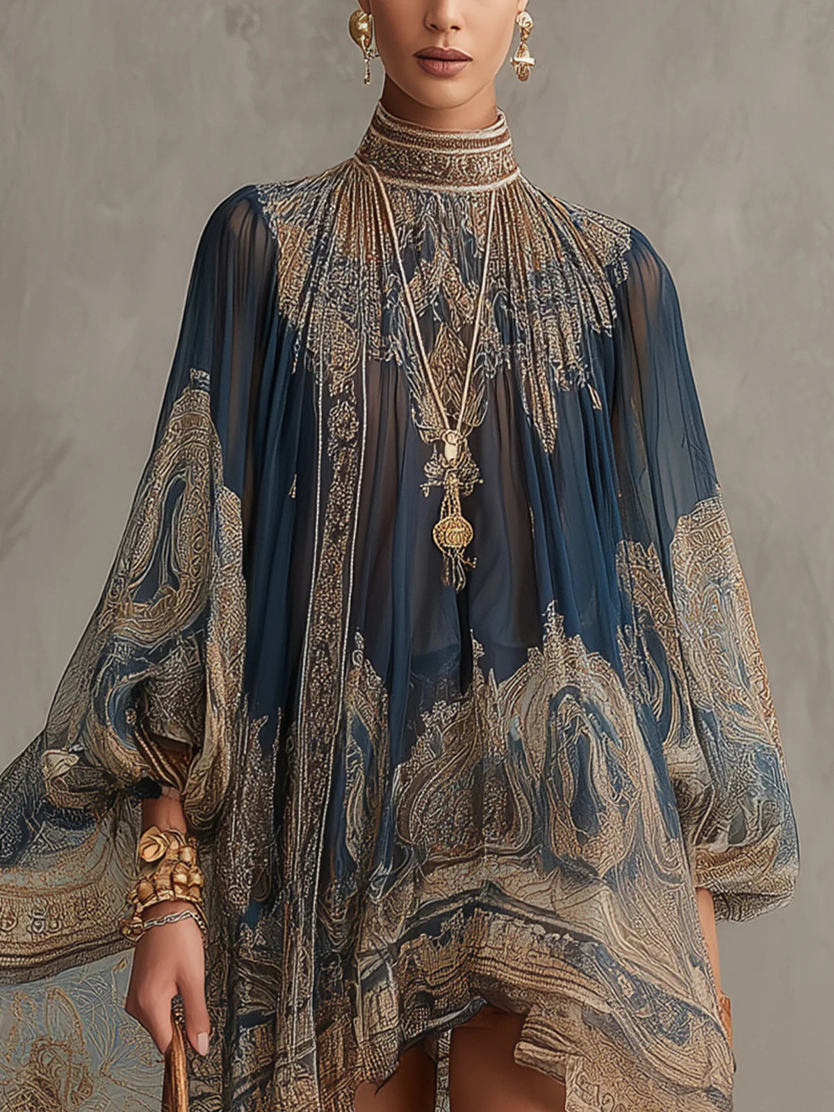 BÉRÉNICE | NAVY BAROQUE-PRINT ASYMMETRIC MINI DRESS