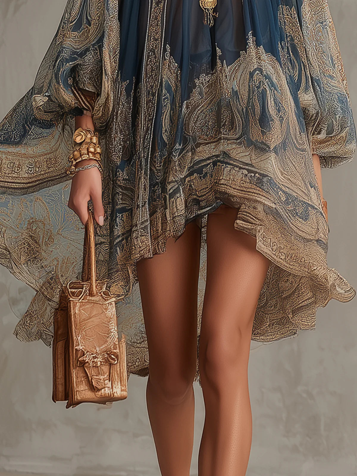 BÉRÉNICE | NAVY BAROQUE-PRINT ASYMMETRIC MINI DRESS
