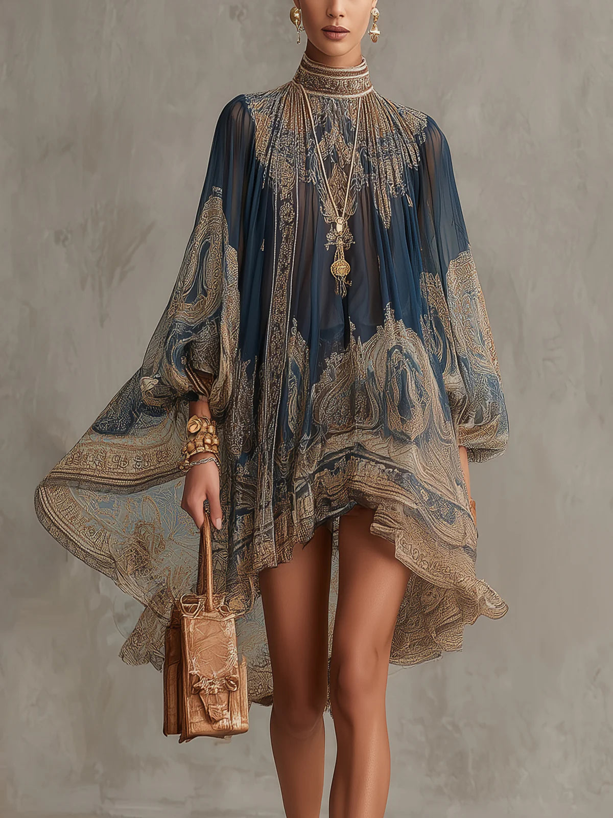 BÉRÉNICE | NAVY BAROQUE-PRINT ASYMMETRIC MINI DRESS