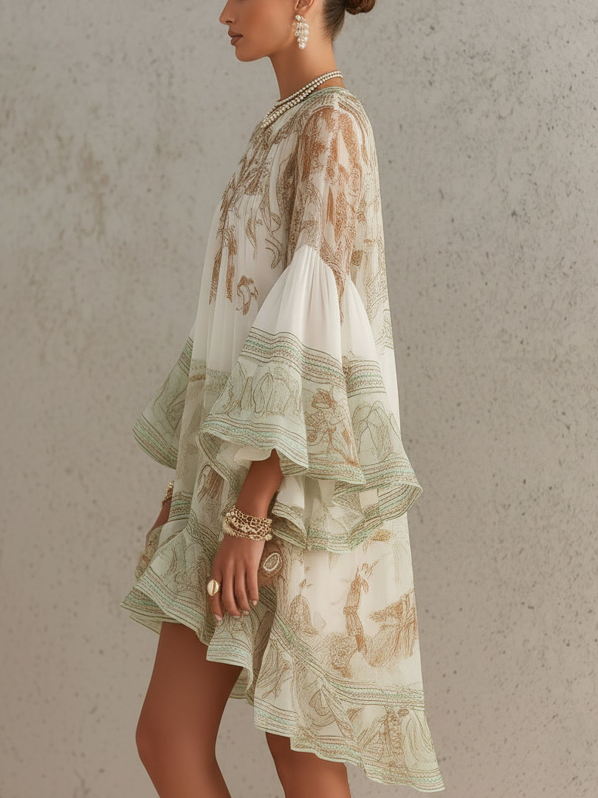 ROSALIE | GREEN MINI DRESS WITH RUFFLE SLEEVES AND STRIPED HEM