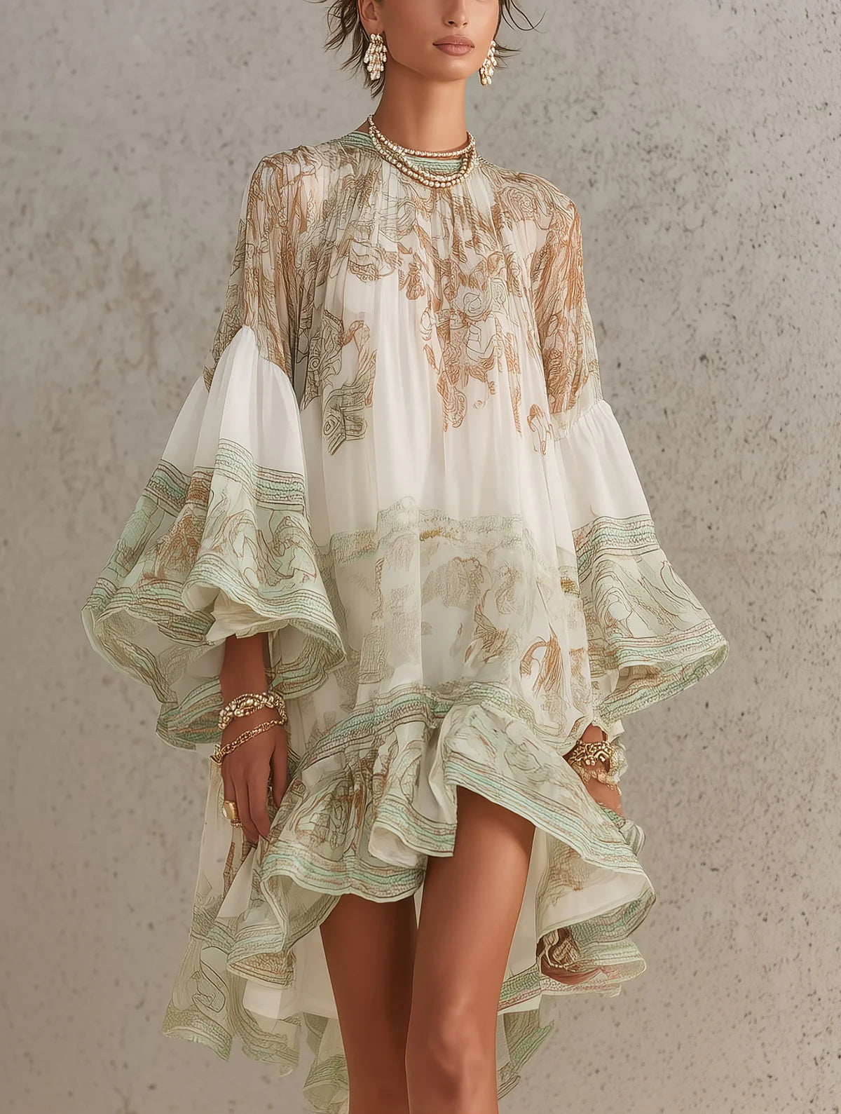ROSALIE | GREEN MINI DRESS WITH RUFFLE SLEEVES AND STRIPED HEM