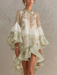 ROSALIE | GREEN MINI DRESS WITH RUFFLE SLEEVES AND STRIPED HEM