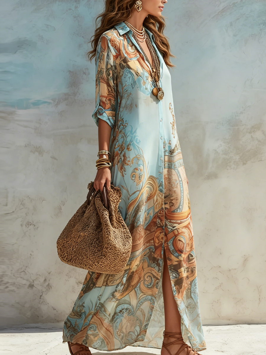 Delilah blue floral maxi shirt dress, full-length side view