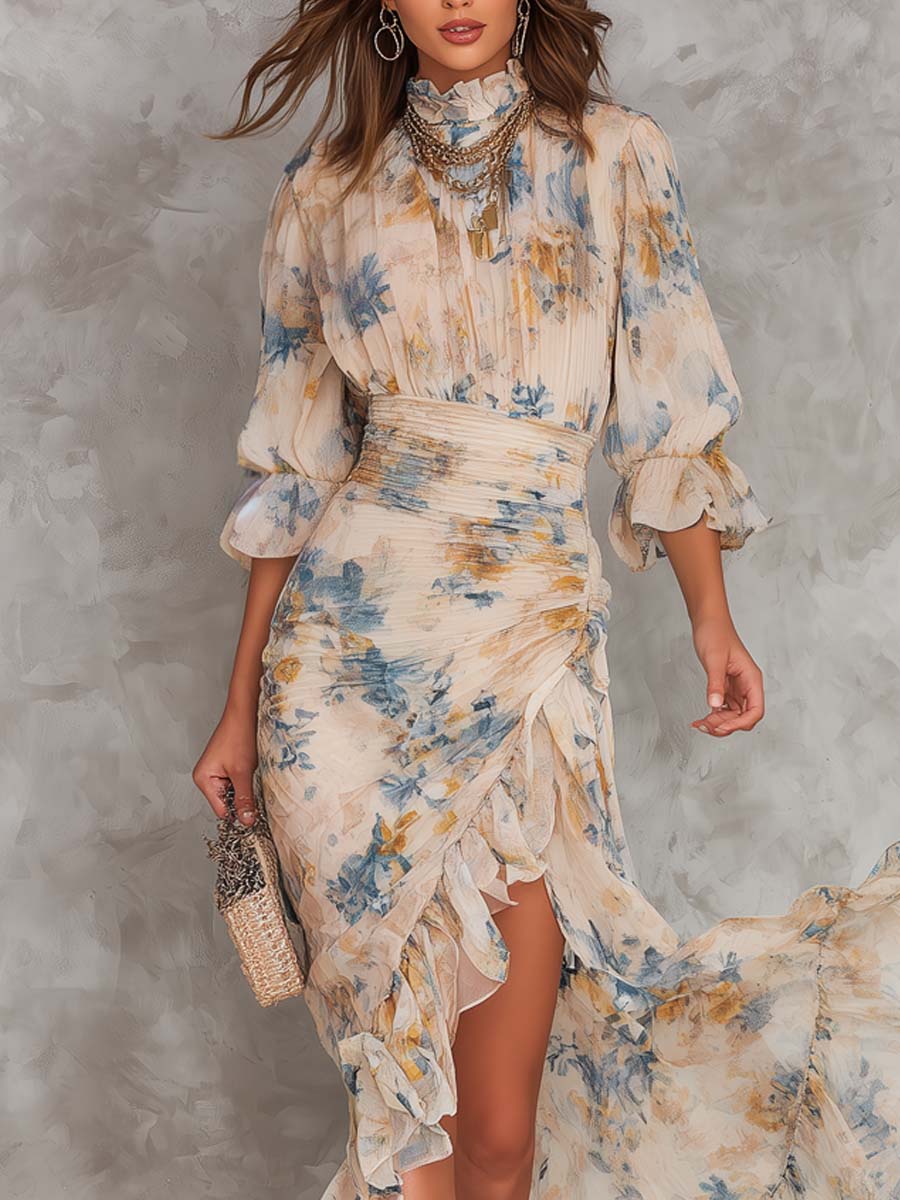 DAPHNE | PAINTED FLORAL RUFFLE MAXI DRESS