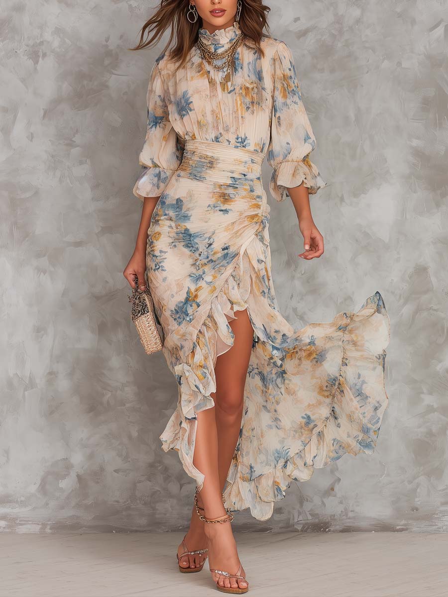 DAPHNE | PAINTED FLORAL RUFFLE MAXI DRESS