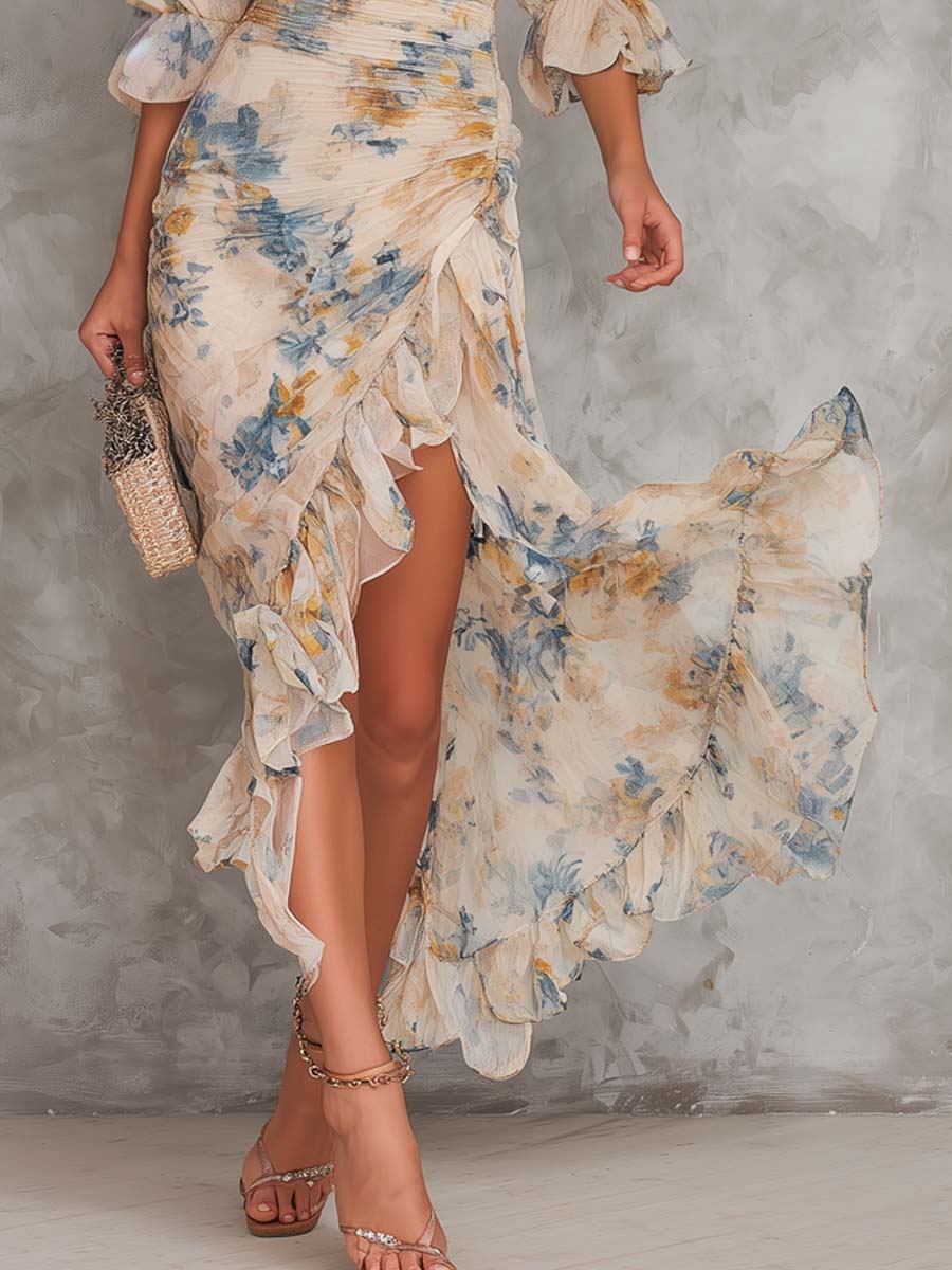 DAPHNE | PAINTED FLORAL RUFFLE MAXI DRESS
