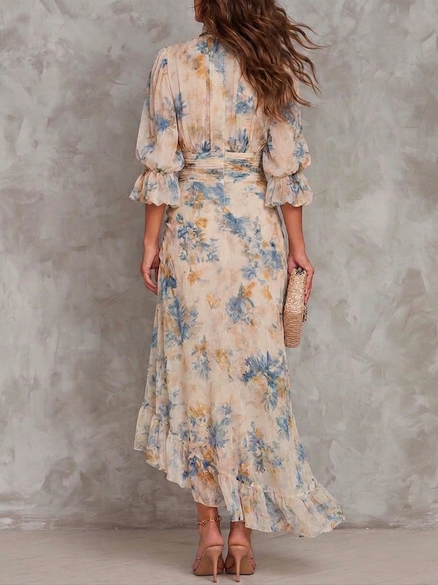 DAPHNE | PAINTED FLORAL RUFFLE MAXI DRESS