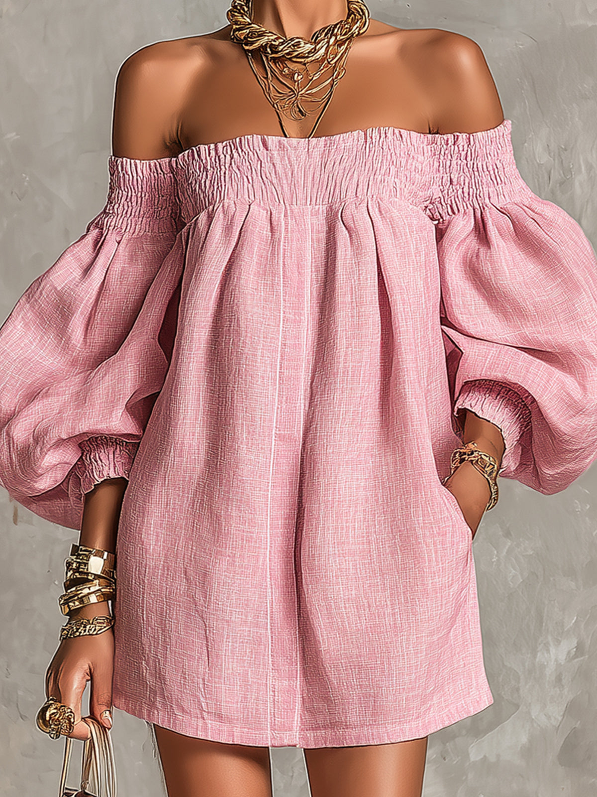 VIOLETTE | PINK A-LINE OFF-SHOULDER MINI DRESS WITH LANTERN SLEEVES