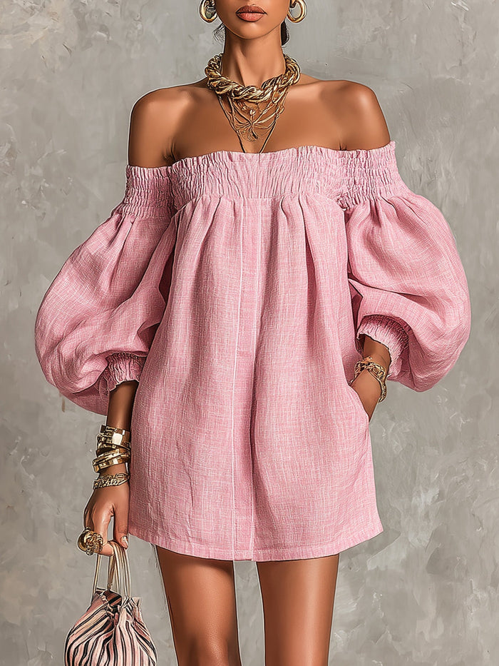 VIOLETTE | PINK A-LINE OFF-SHOULDER MINI DRESS WITH LANTERN SLEEVES