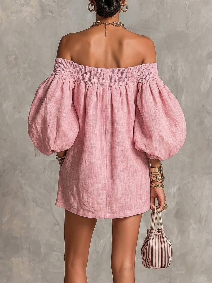 VIOLETTE | PINK A-LINE OFF-SHOULDER MINI DRESS WITH LANTERN SLEEVES