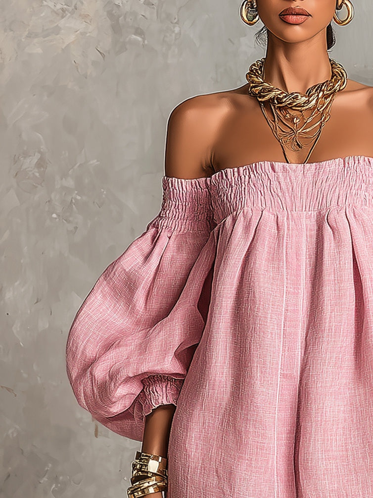 VIOLETTE | PINK A-LINE OFF-SHOULDER MINI DRESS WITH LANTERN SLEEVES