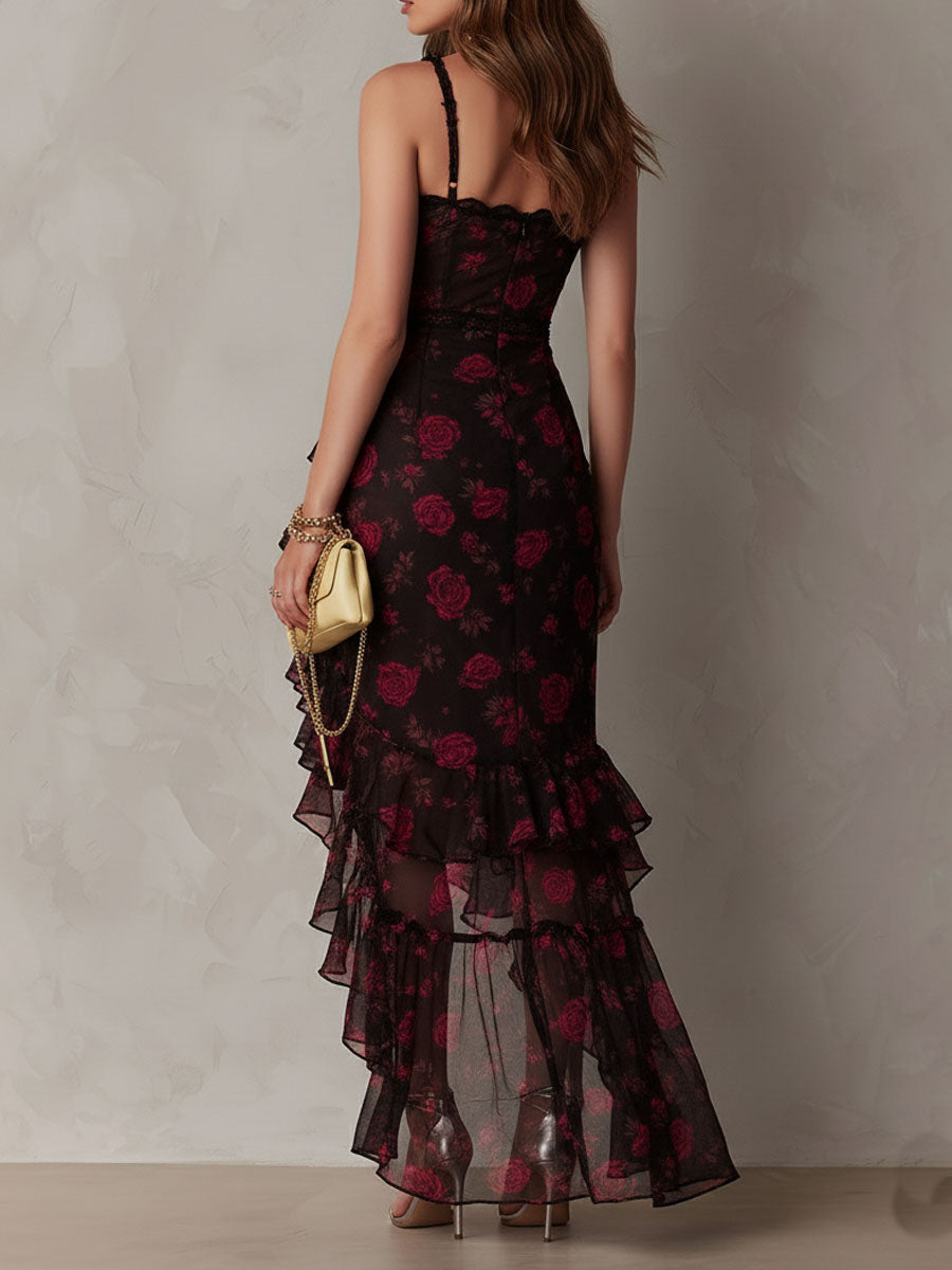 HARRIET | DARK FLORAL RUFFLE-HEM DRESS