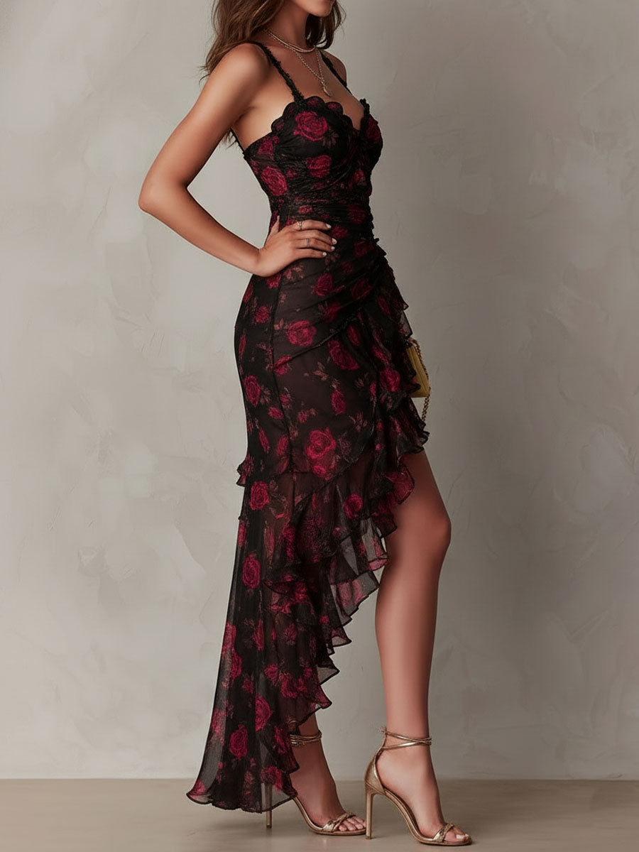 HARRIET | DARK FLORAL RUFFLE-HEM DRESS