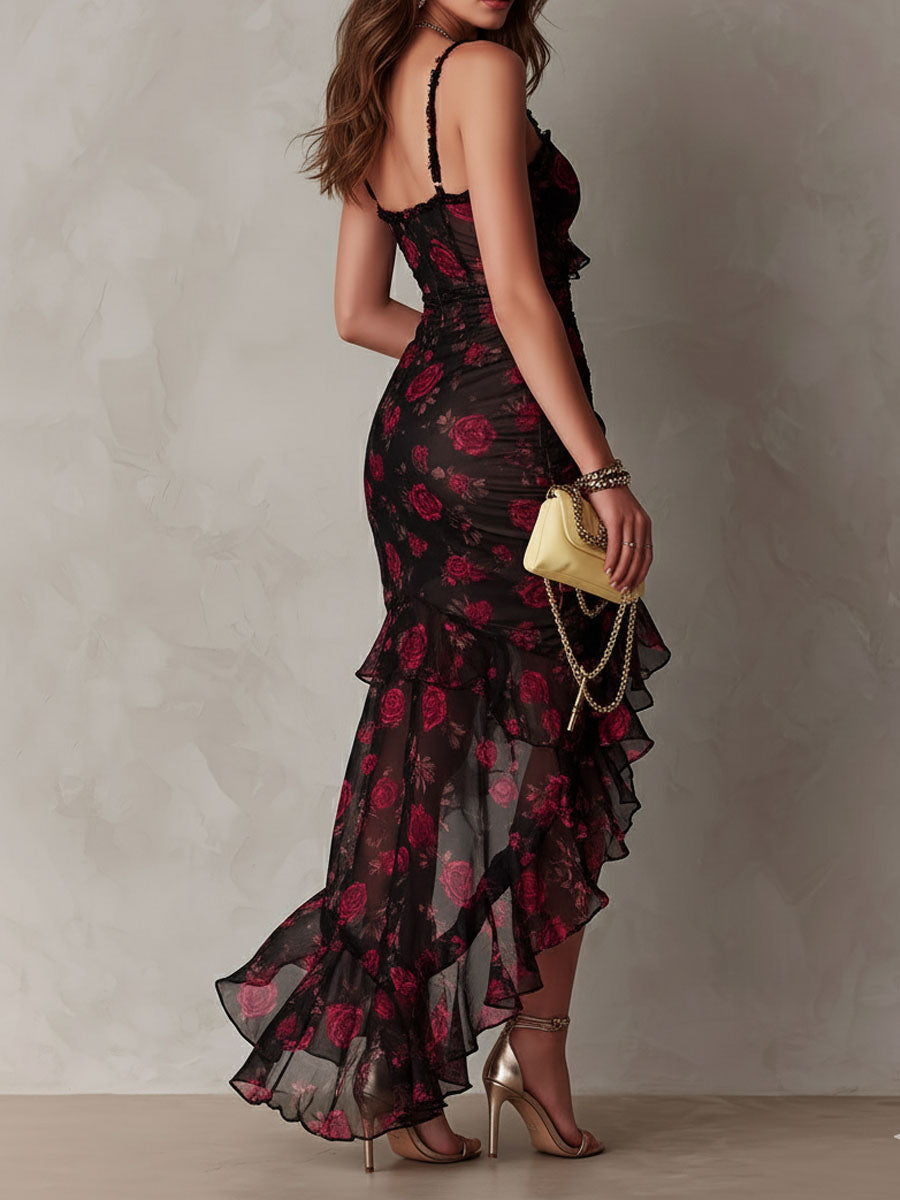 HARRIET | DARK FLORAL RUFFLE-HEM DRESS