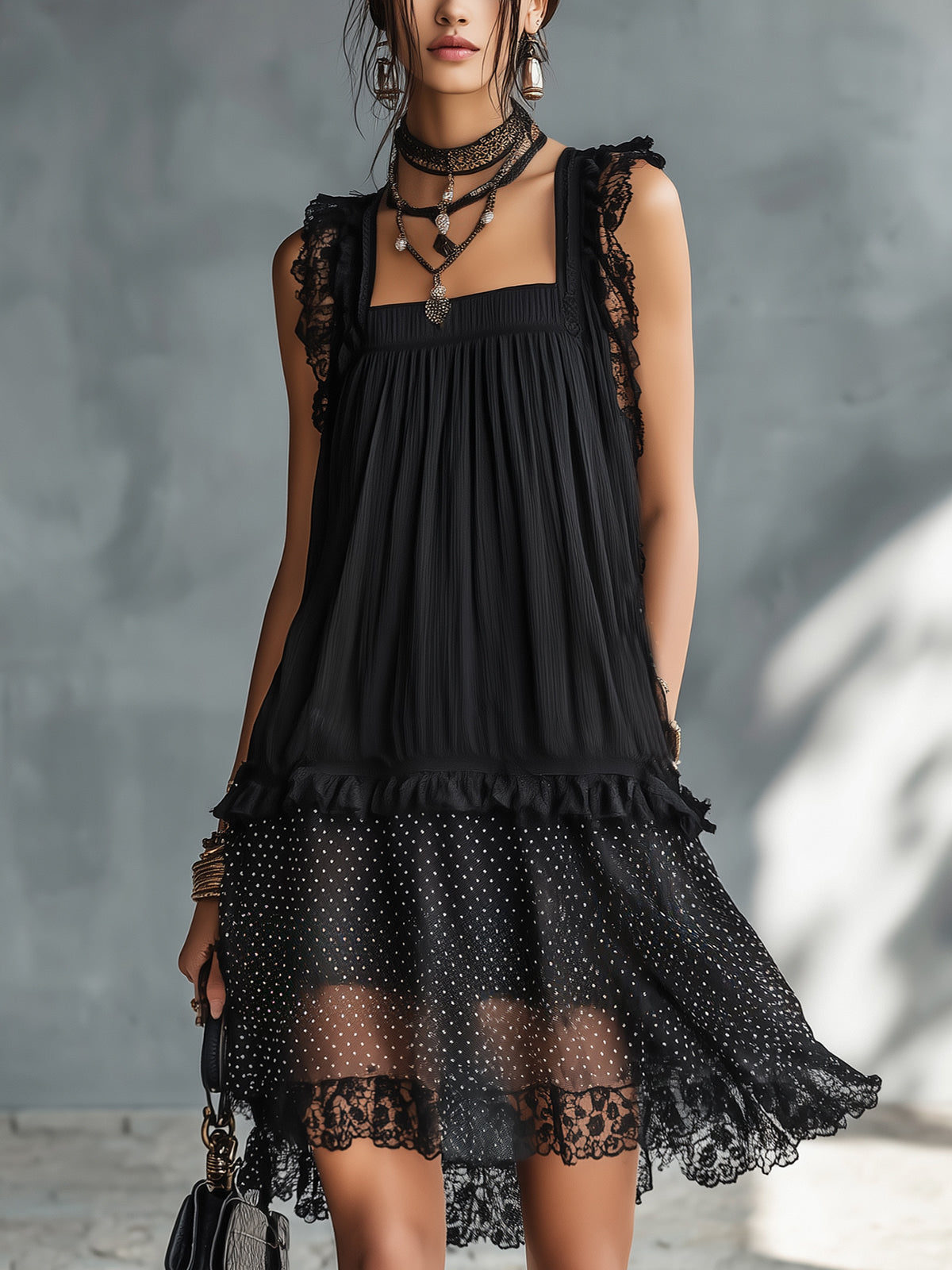 PAULINE | SHEER POLKA-DOT MINI DRESS WITH RUFFLES AND BLACK LACE TRIM