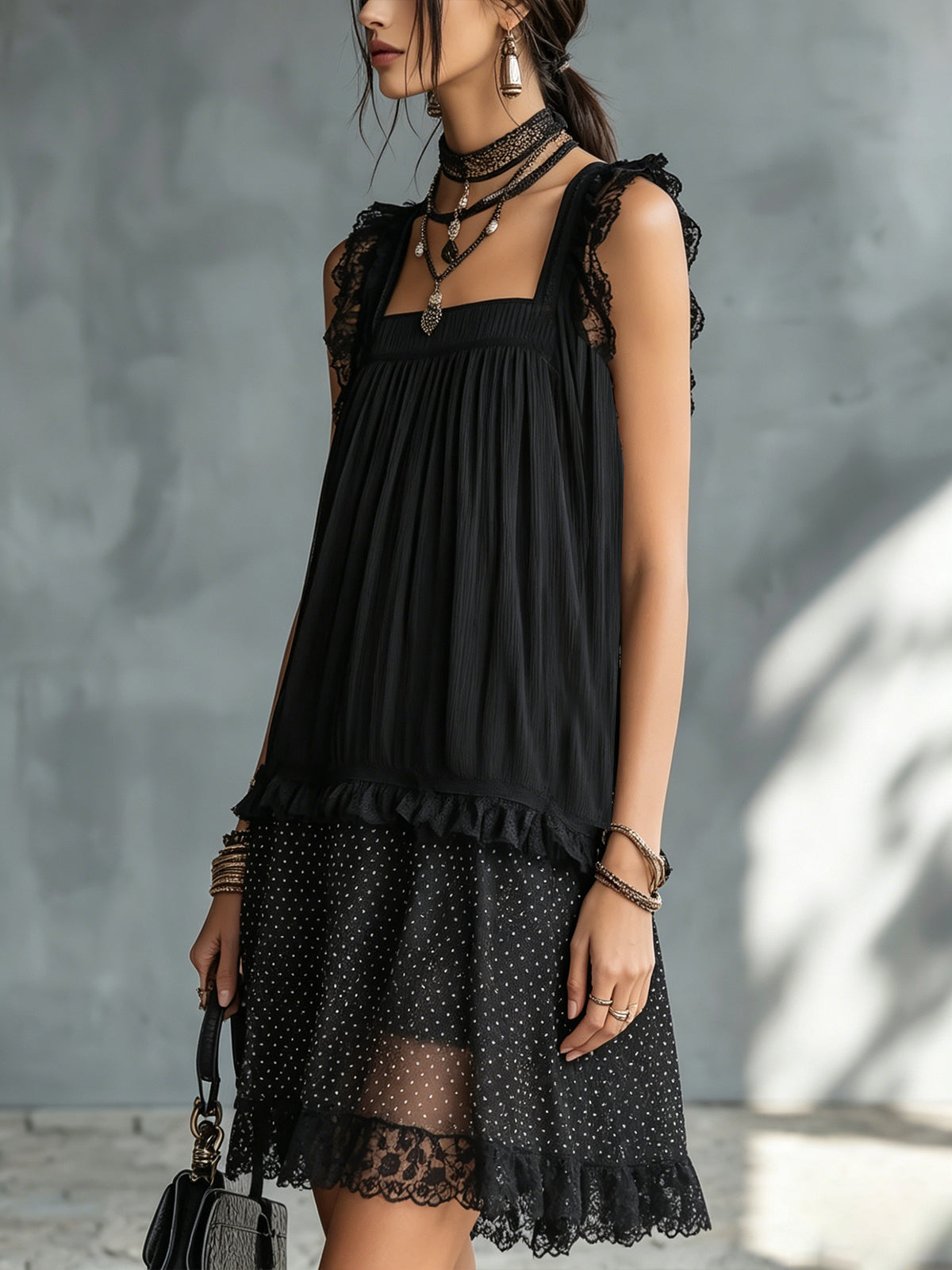 PAULINE | SHEER POLKA-DOT MINI DRESS WITH RUFFLES AND BLACK LACE TRIM