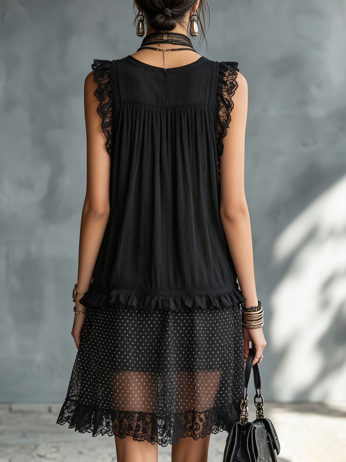 PAULINE | SHEER POLKA-DOT MINI DRESS WITH RUFFLES AND BLACK LACE TRIM