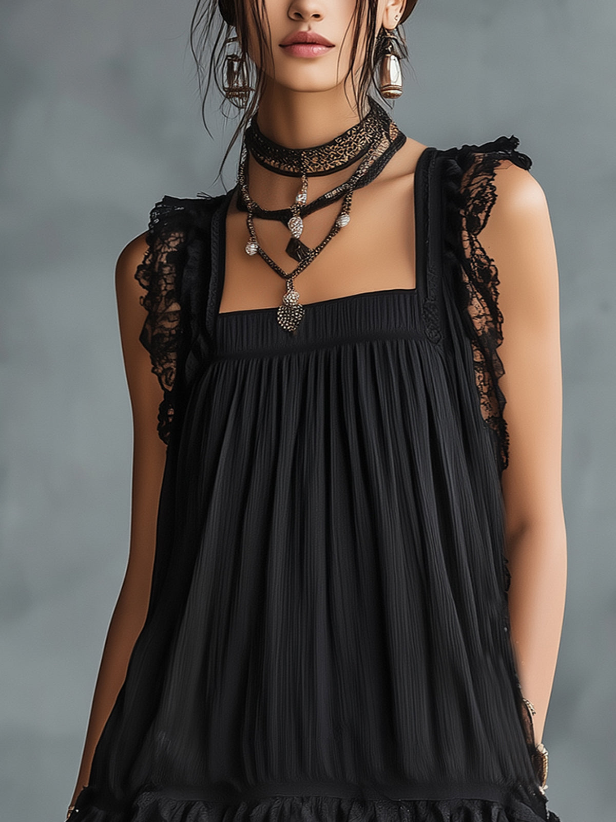 PAULINE | SHEER POLKA-DOT MINI DRESS WITH RUFFLES AND BLACK LACE TRIM
