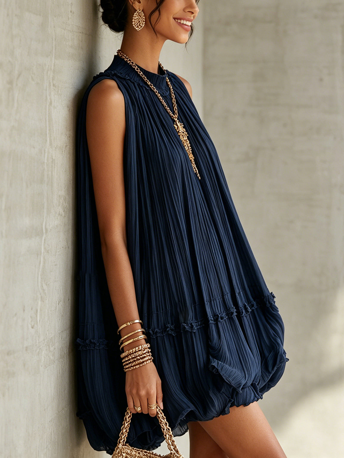 LIORA™ | Midnight Blue Ruffle Midi Dress