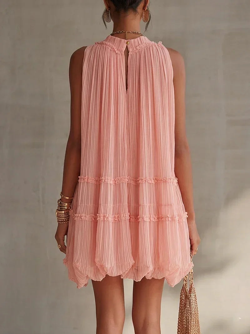 Magdalena Pink Striped Mini Dress with Halter Neck