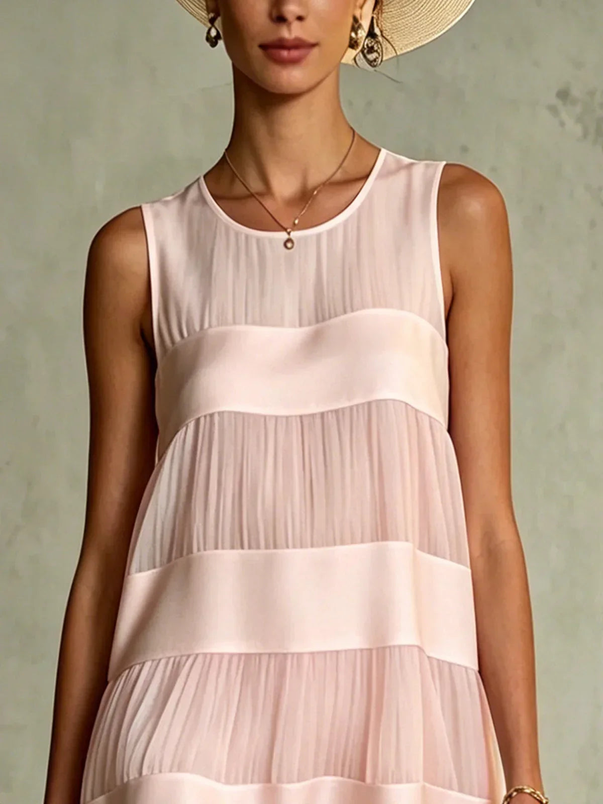 Light Pink Pleated Mini Dress with Layered Design and Patchwork