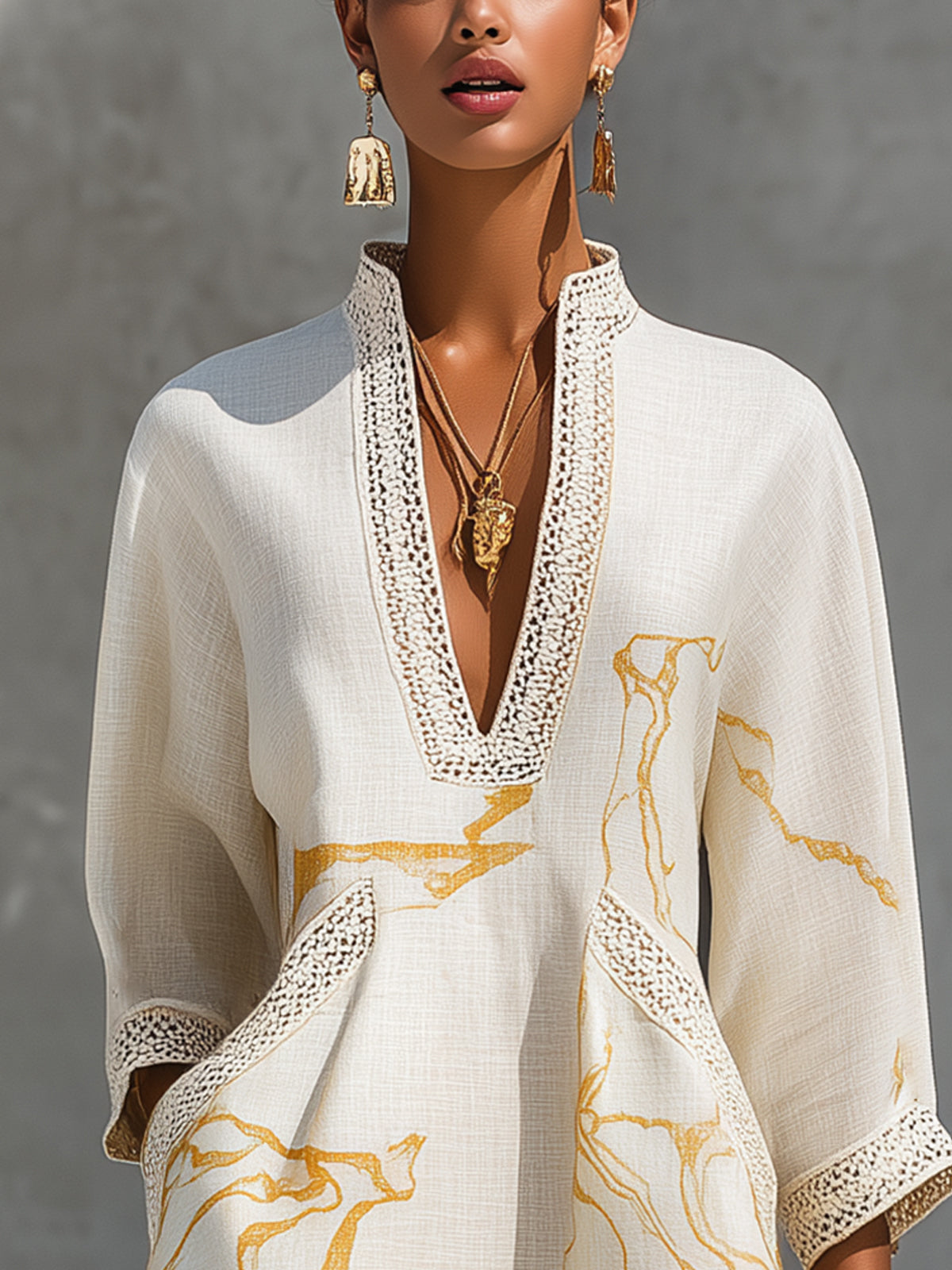 ALIÉNOR | IVORY CROCHET LACE V-NECK MINI DRESS WITH GOLD DETAILS