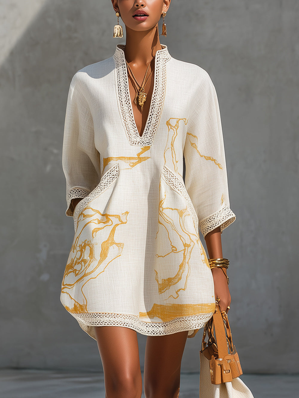 ALIÉNOR | IVORY CROCHET LACE V-NECK MINI DRESS WITH GOLD DETAILS