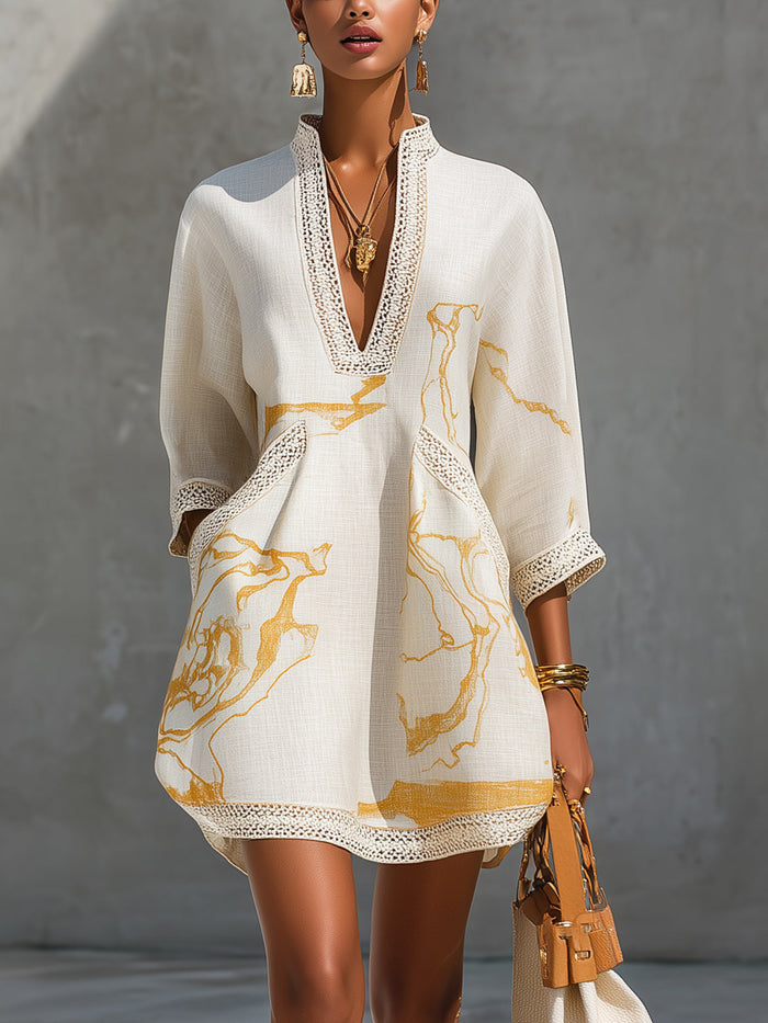 ALIÉNOR | IVORY CROCHET LACE V-NECK MINI DRESS WITH GOLD DETAILS