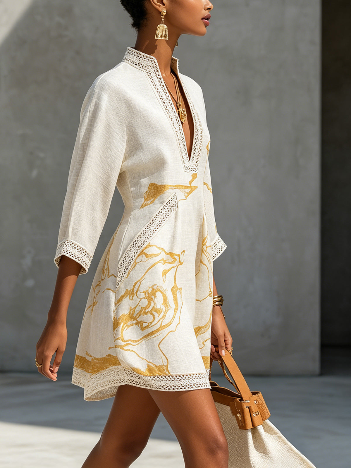 ALIÉNOR | IVORY CROCHET LACE V-NECK MINI DRESS WITH GOLD DETAILS