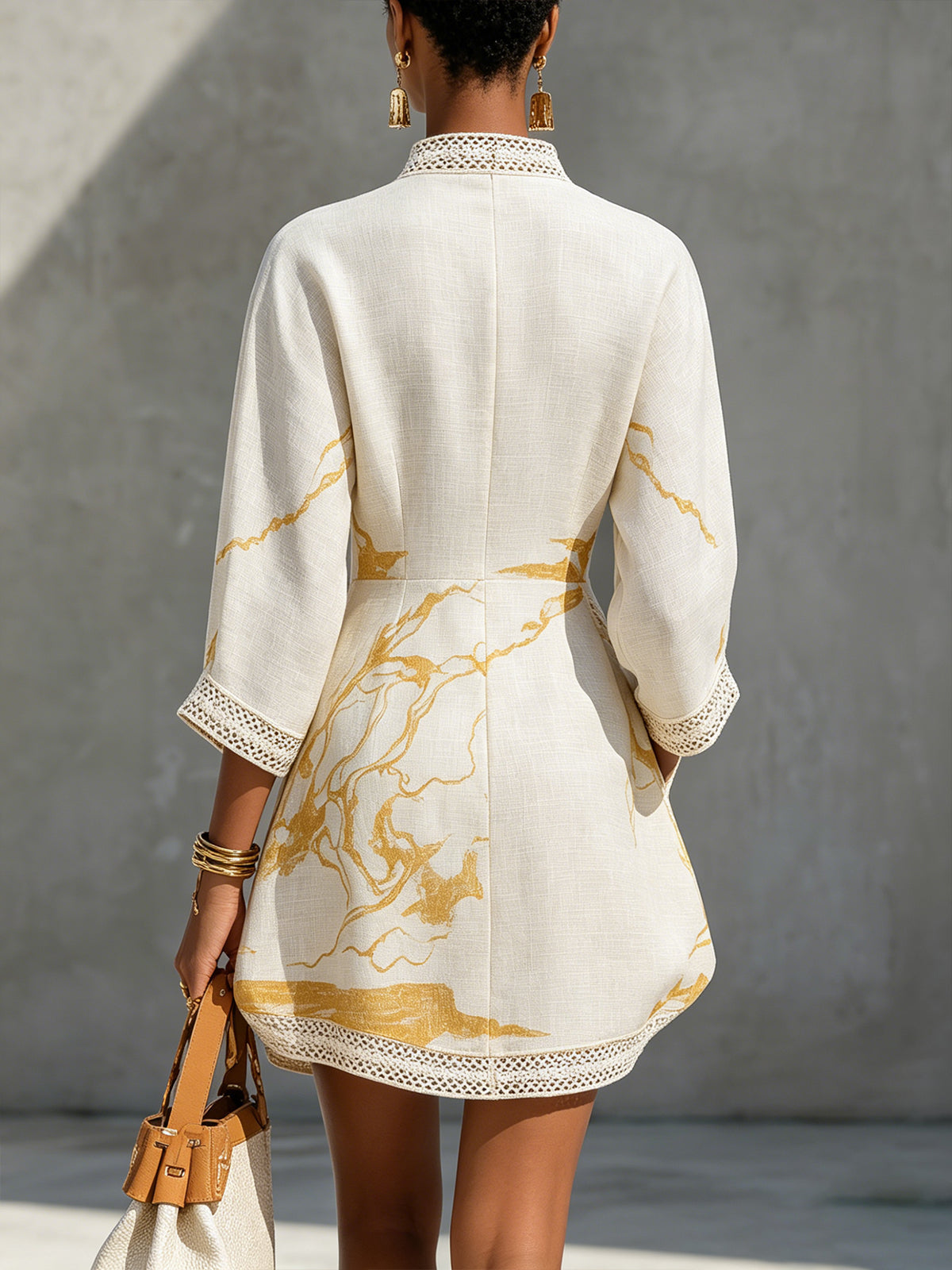ALIÉNOR | IVORY CROCHET LACE V-NECK MINI DRESS WITH GOLD DETAILS