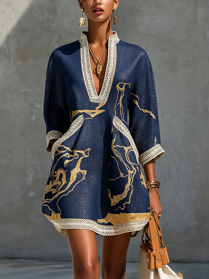 COSETTE | NAVY CROCHET LACE V-NECK MINI DRESS WITH GOLD DETAILS