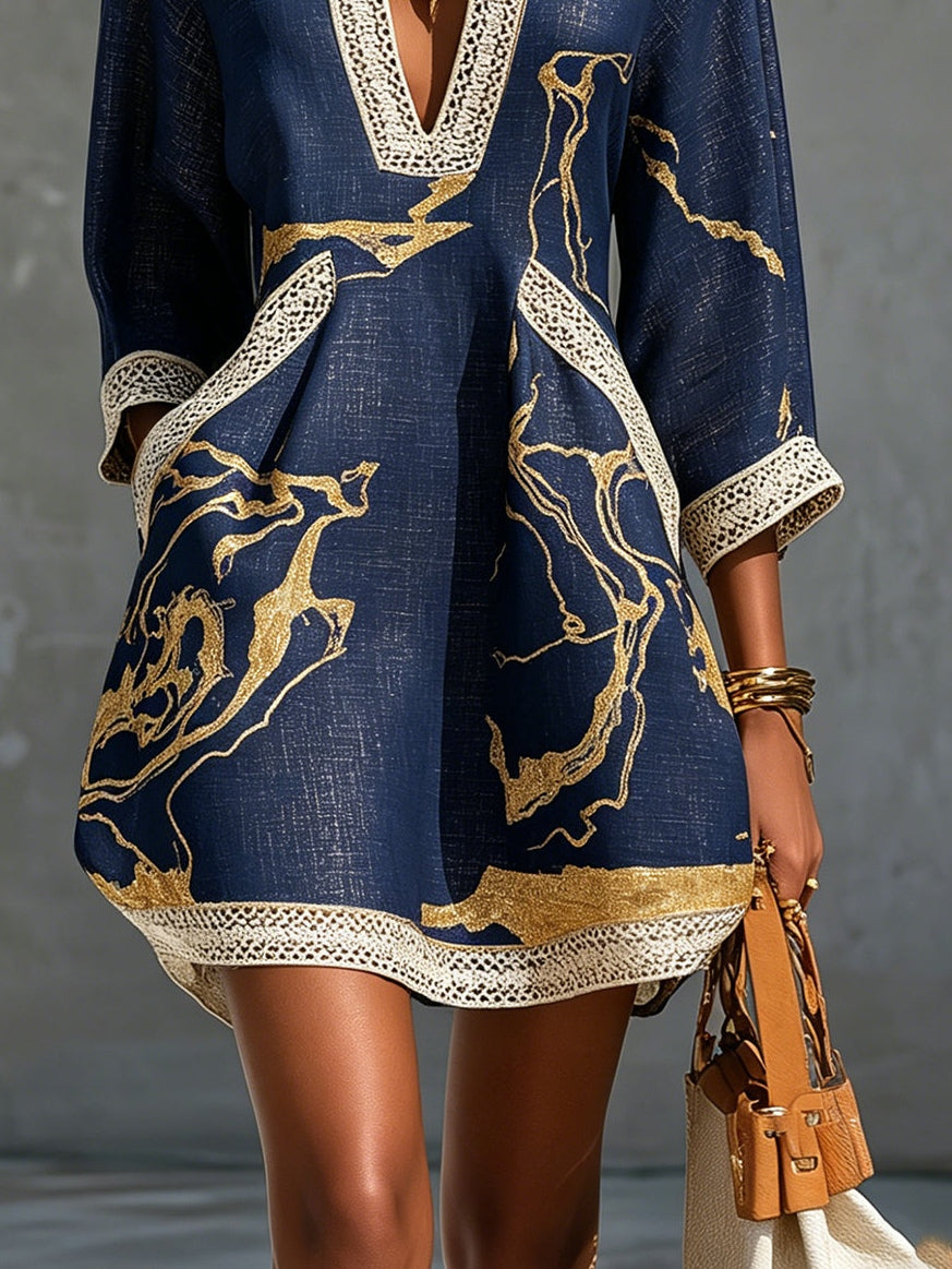 COSETTE | NAVY CROCHET LACE V-NECK MINI DRESS WITH GOLD DETAILS