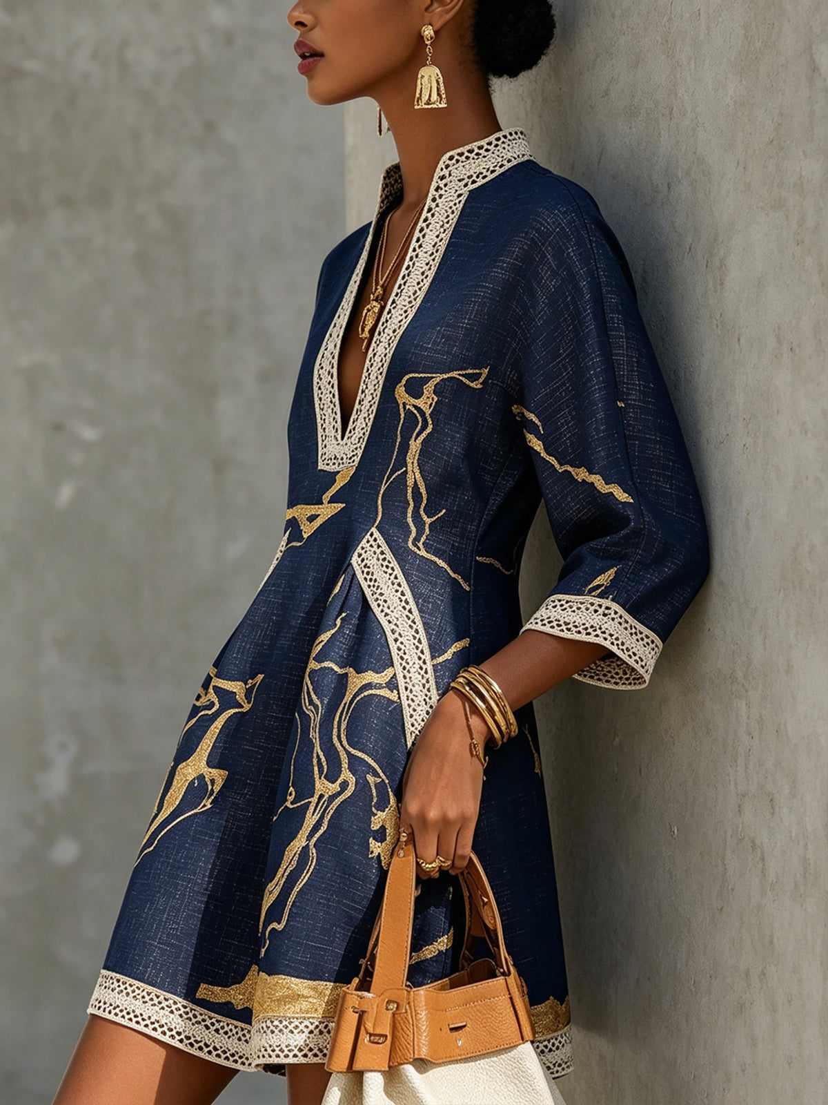 COSETTE | NAVY CROCHET LACE V-NECK MINI DRESS WITH GOLD DETAILS