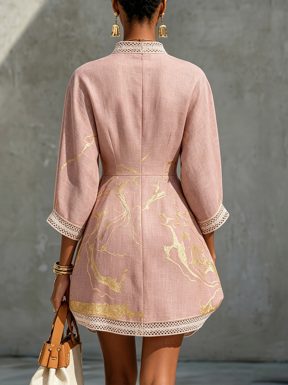 NINON | PINK CROCHET LACE V-NECK MINI DRESS WITH GOLD DETAILS