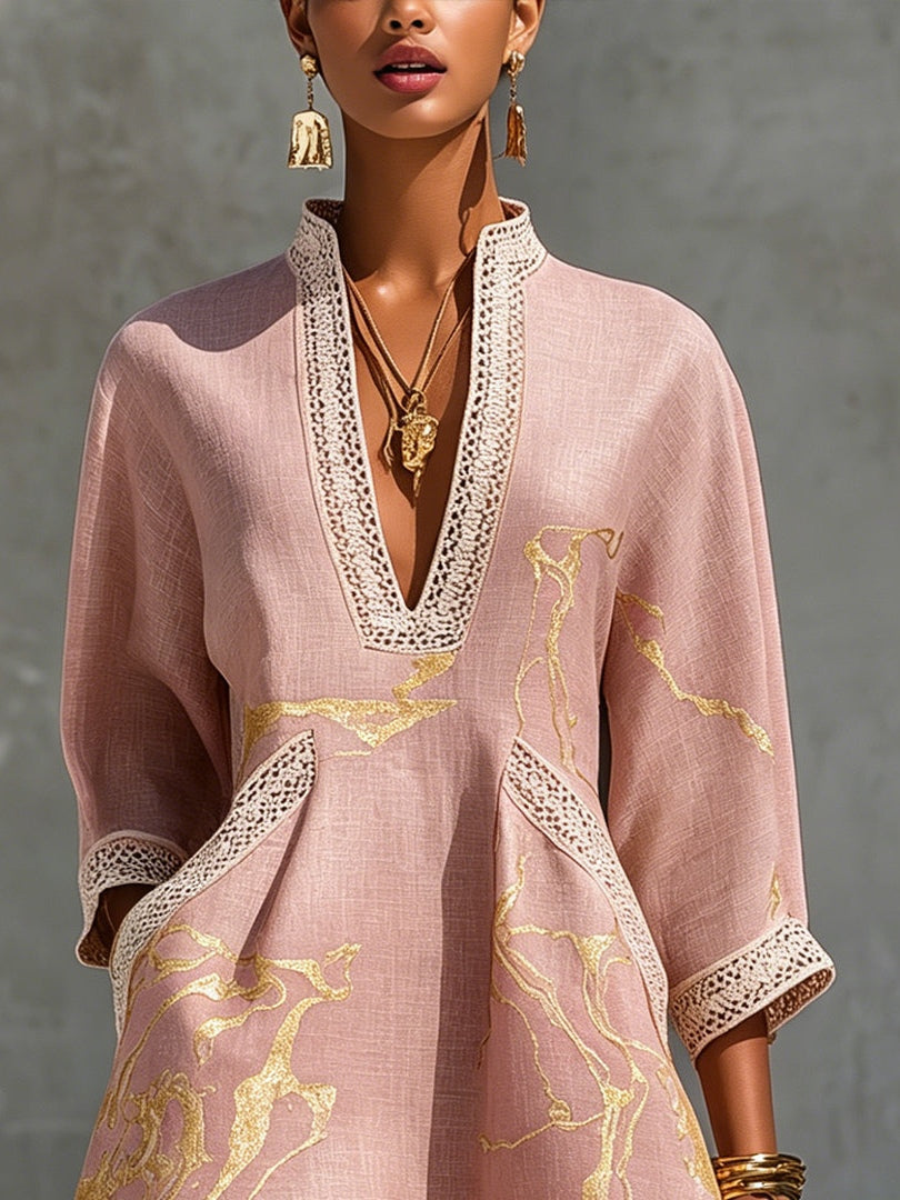 NINON | PINK CROCHET LACE V-NECK MINI DRESS WITH GOLD DETAILS