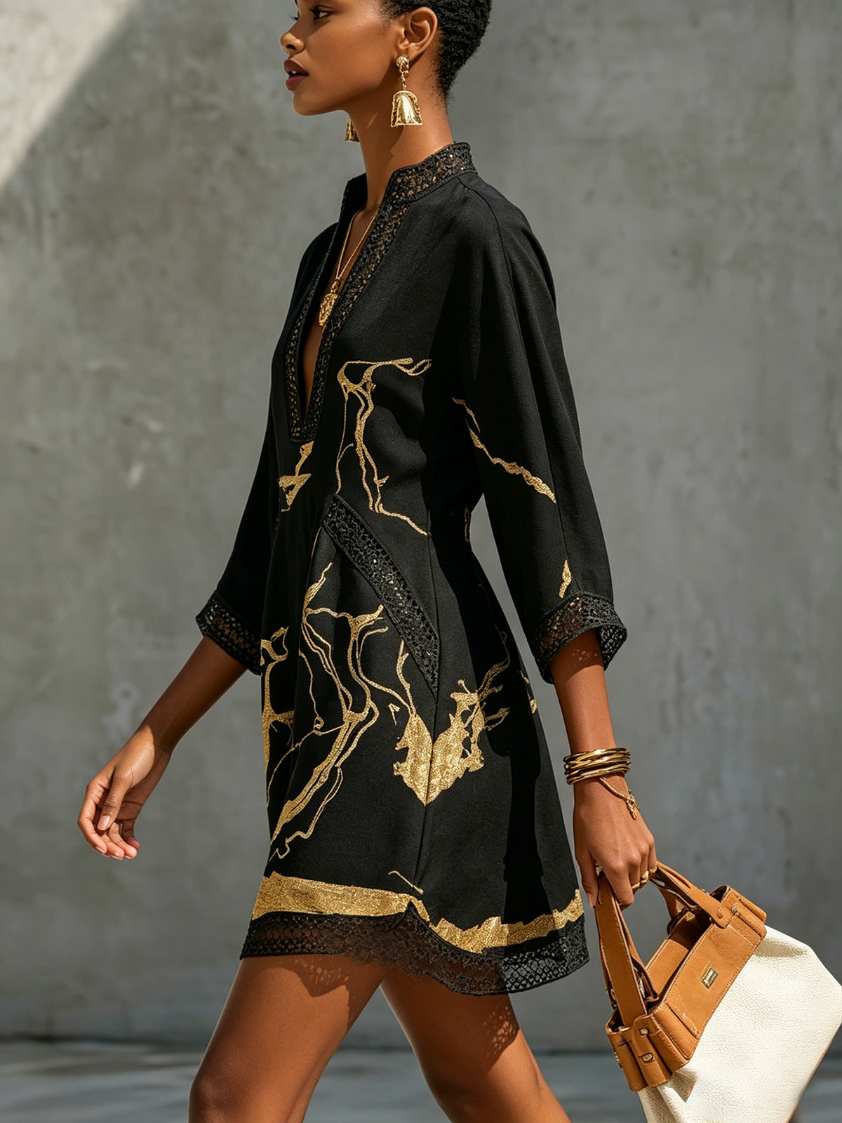 LÉONIE | BLACK CROCHET LACE V-NECK MINI DRESS WITH GOLD DETAILS