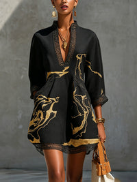 LÉONIE | BLACK CROCHET LACE V-NECK MINI DRESS WITH GOLD DETAILS