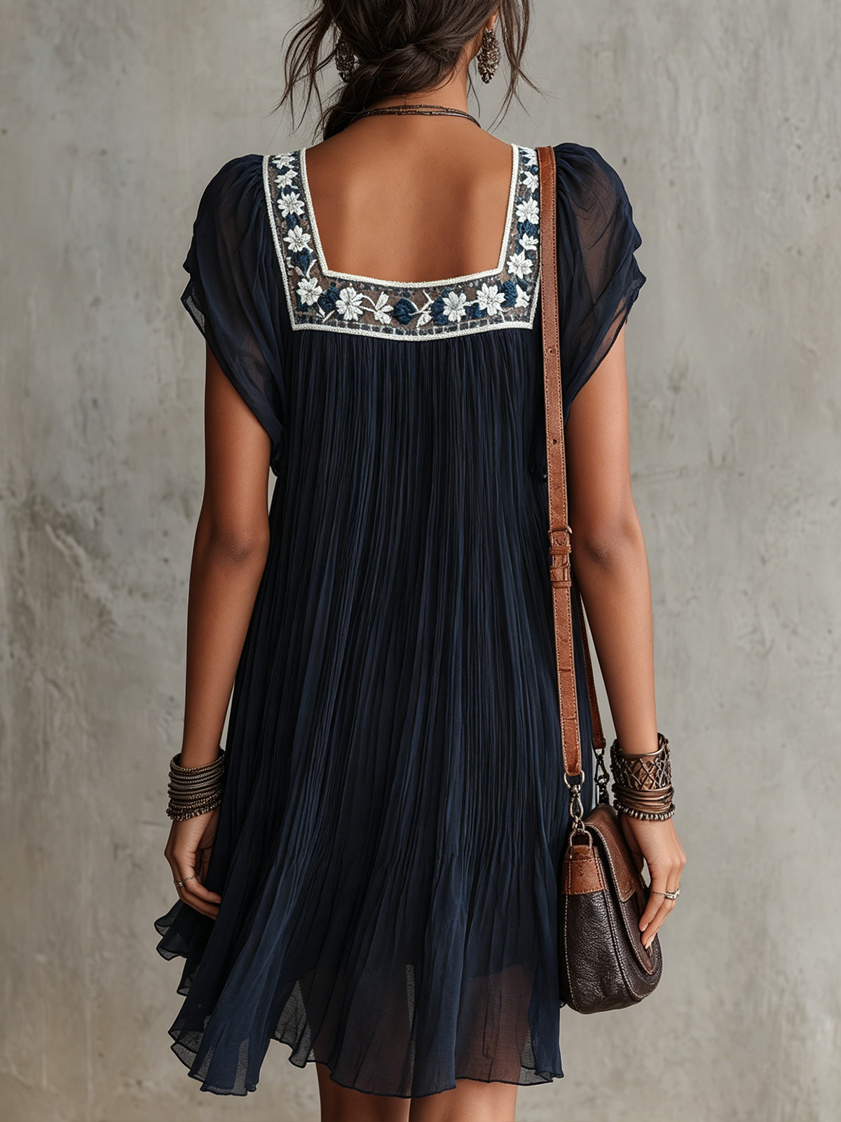 APOLLINE | NAVY FLORAL-EMBROIDERED PLEATED MINI DRESS