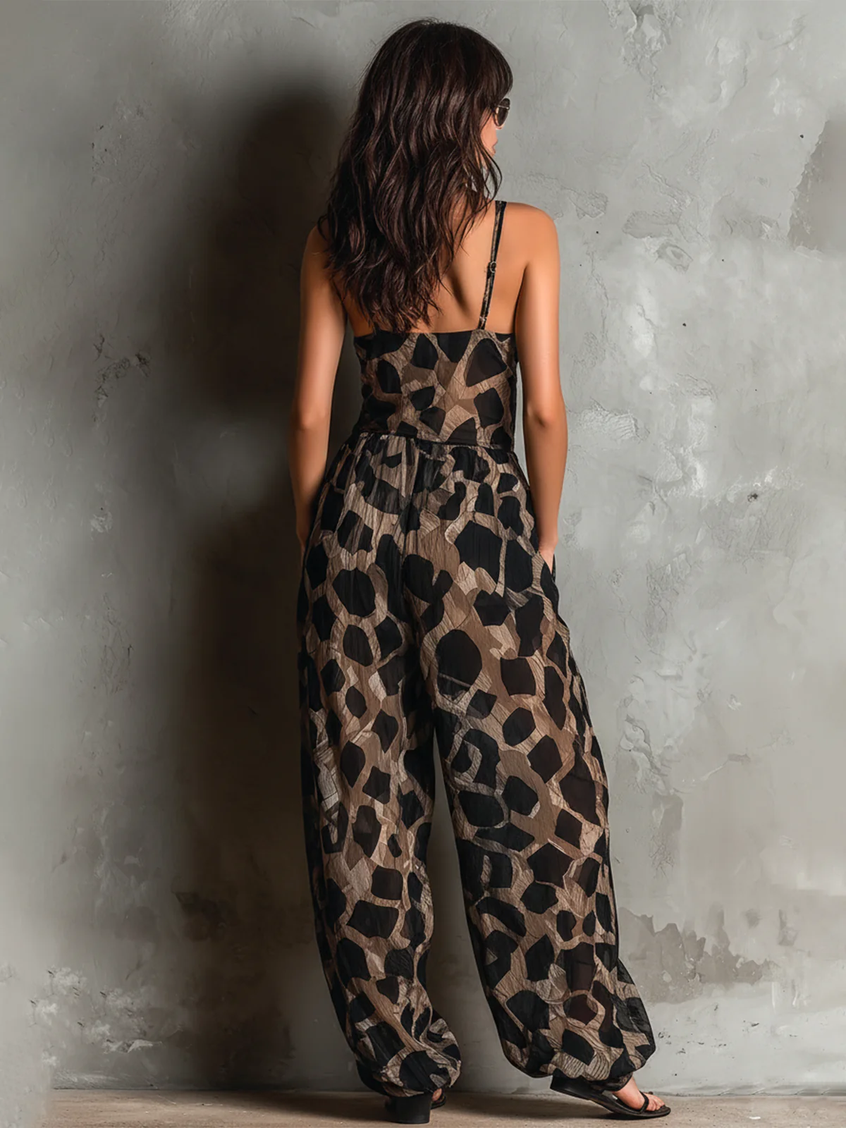 Ansella animal print wide-leg jumpsuit in black, back view