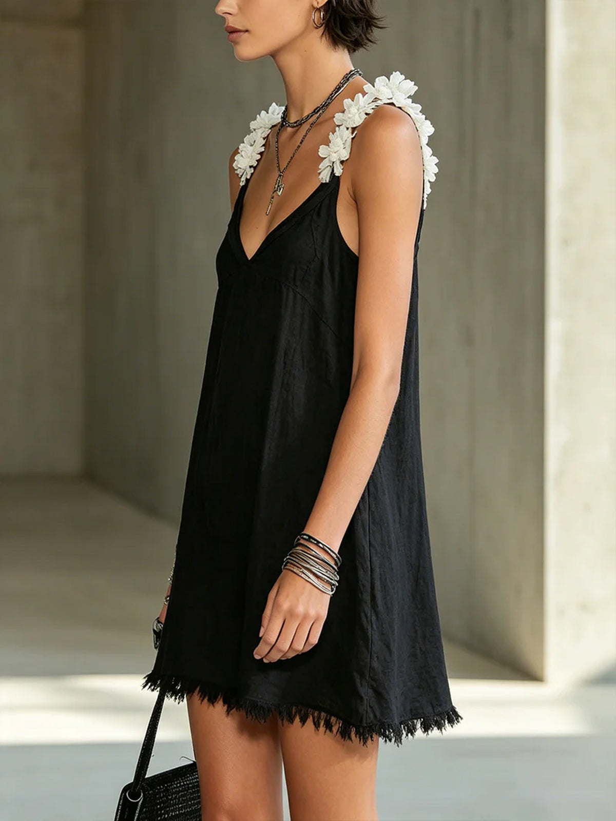 NOÉMIE | BLACK V-NECK MINI DRESS WITH FLORAL STRAPS