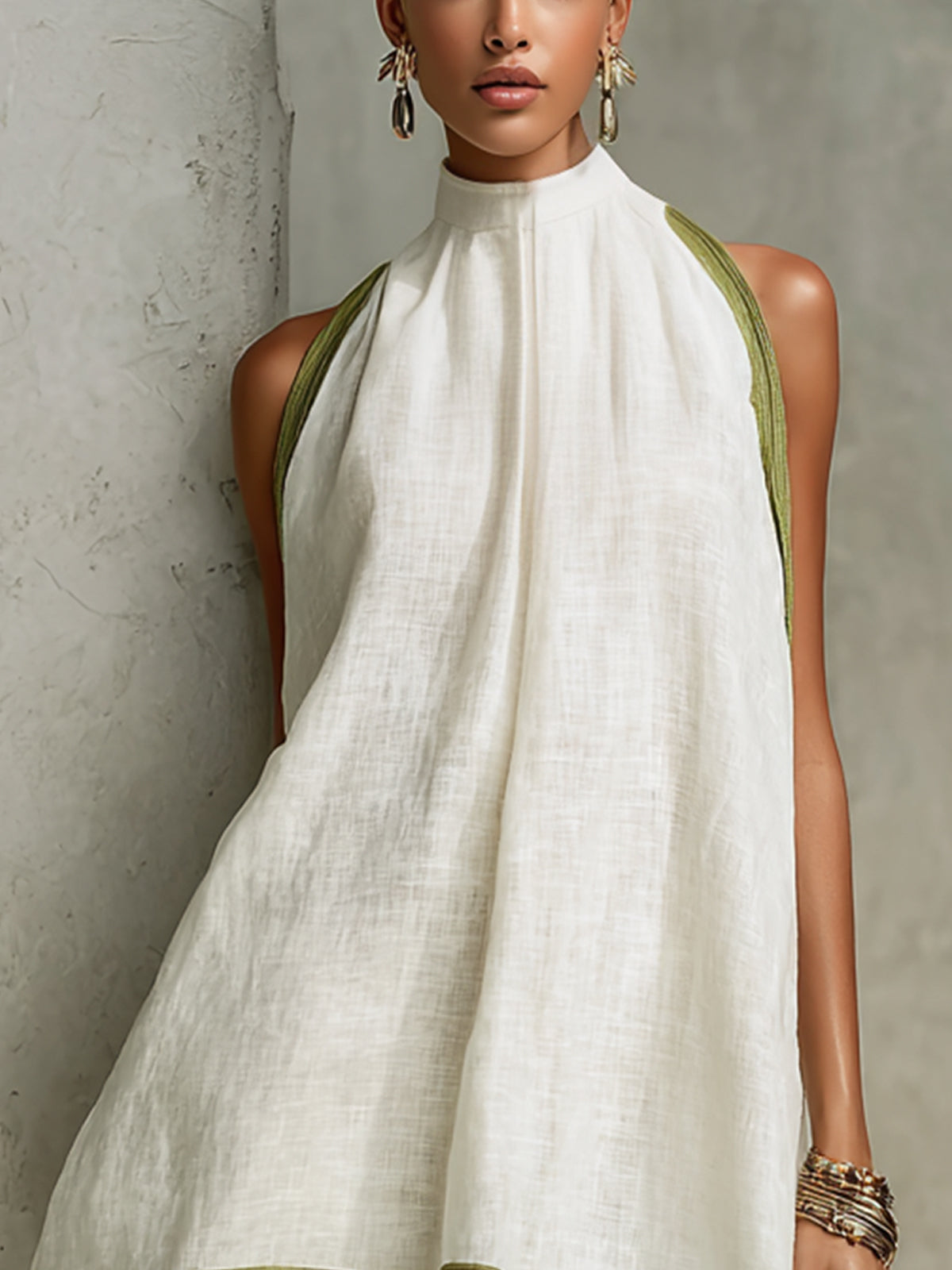 AGATHE | WHITE AND OLIVE FLORAL SLEEVELESS A-LINE MINI DRESS