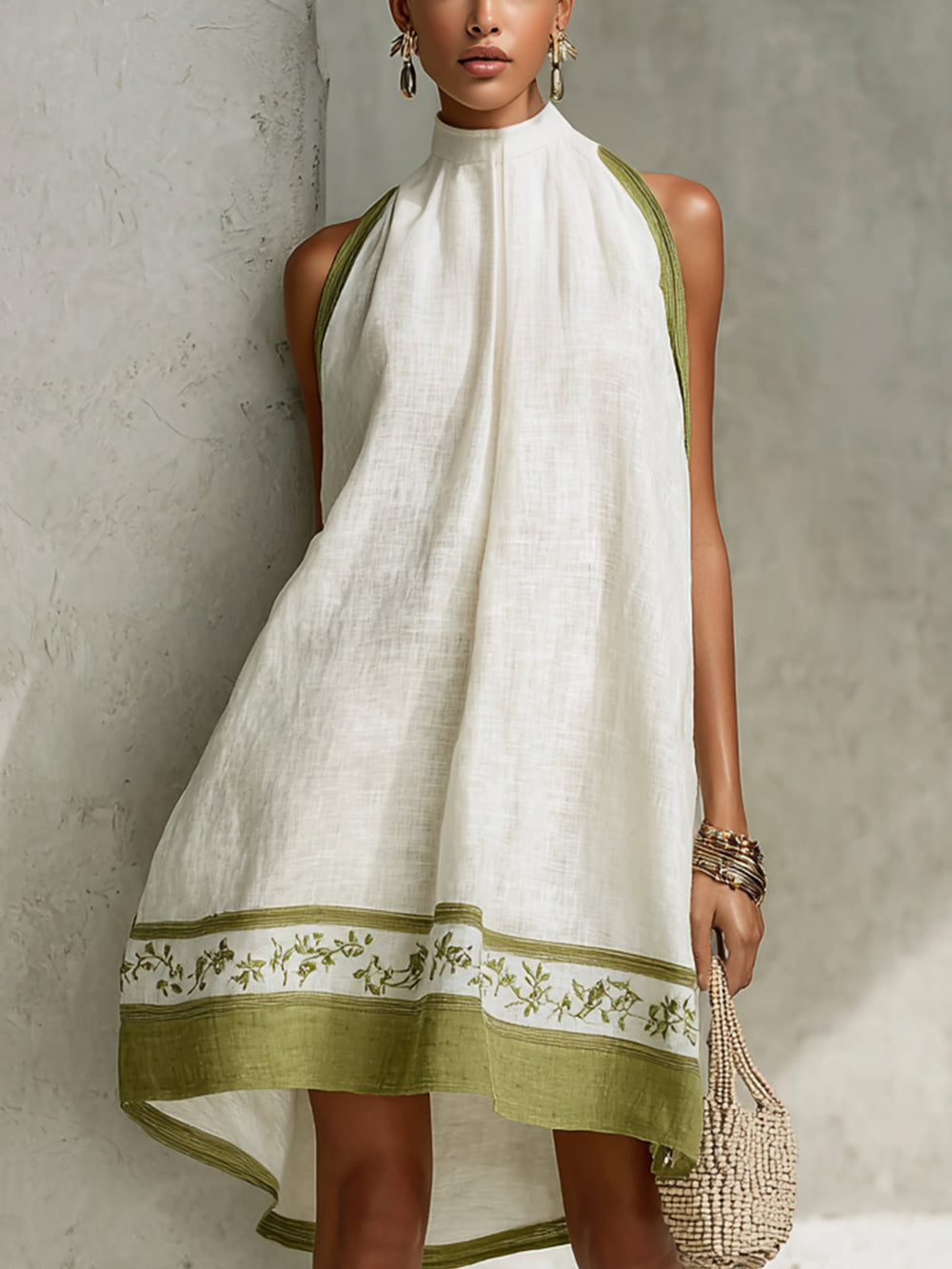 AGATHE | WHITE AND OLIVE FLORAL SLEEVELESS A-LINE MINI DRESS